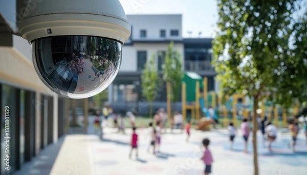 Fototapeta Security camera overlooking a playground filled with children.