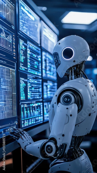 Fototapeta AI at the Command Center: An advanced AI robot interfaces with multiple digital screens displaying intricate data streams, symbolizing the cutting edge of technological advancement.