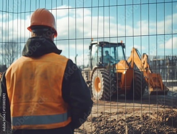 Fototapeta Construction worker in safety gear observing heavy machinery behind a fence.