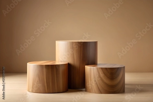 Fototapeta Trio of Cylindrical Walnut Woodgrain Podiums Against Soft Peach Backdrop