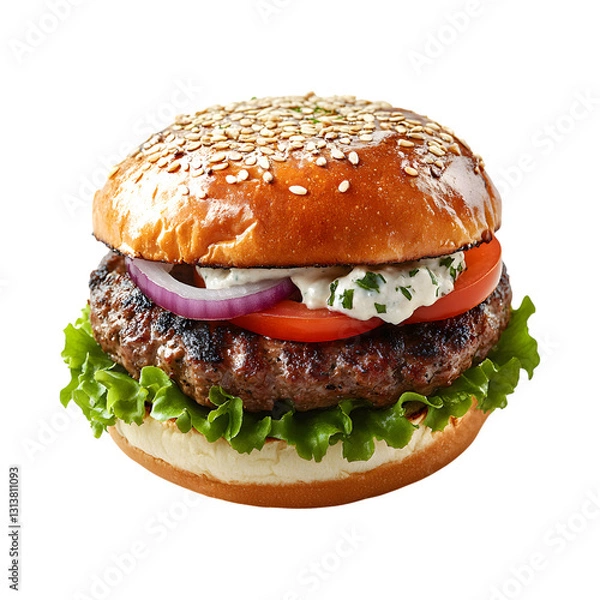 Fototapeta Greek Lamb Burger with Lettuce Isolated on Transparent Background