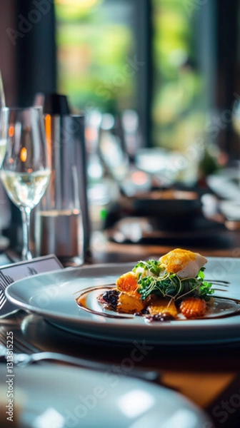 Obraz Elegant Fine Dining: A tantalizing close-up of an exquisitely plated dish in a fine dining establishment, showcasing culinary artistry with a delectable arrangement of fish, vegetables, and sauce.