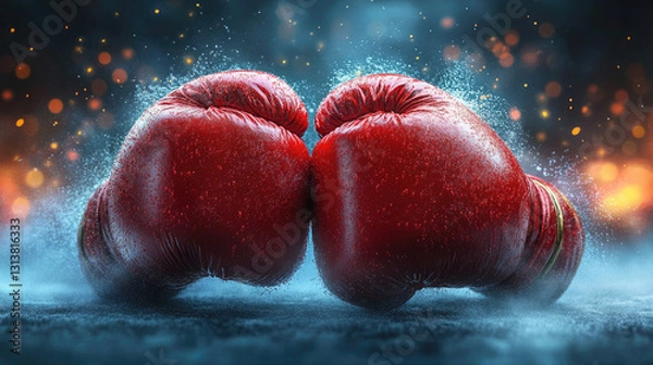 Fototapeta Bright red boxing gloves collide in a dramatic moment conveying intensity and competition in a training environment