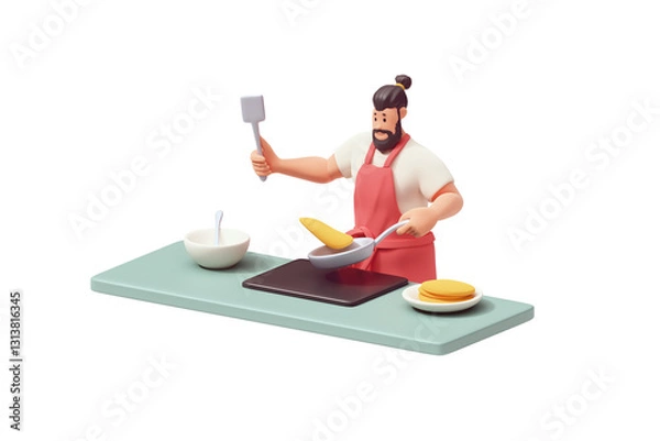 Fototapeta 3d render of young casual muscular cute funny kawaii handsome smiling bearded brunette man in t-shirt, red apron happily cooking pancakes for family in his kitchen at home in morning, white background
