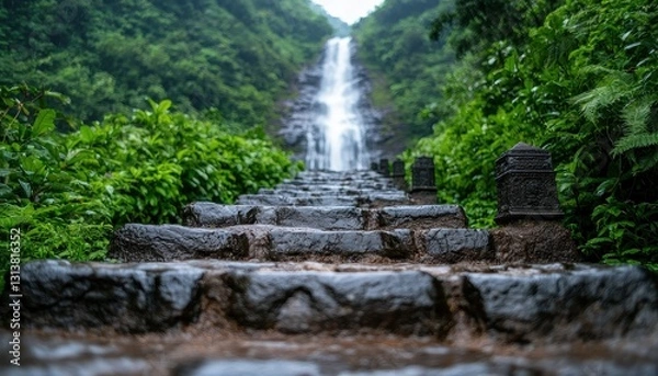 Fototapeta Travel concept. A serene waterfall cascades down lush green hills, framed by stone steps, inviting exploration in a tranquil nature setting.
