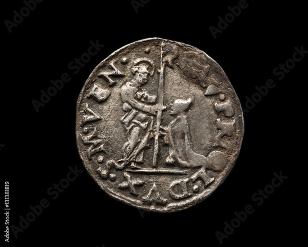 Fototapeta Ancient silver Venetian coin isolated on black