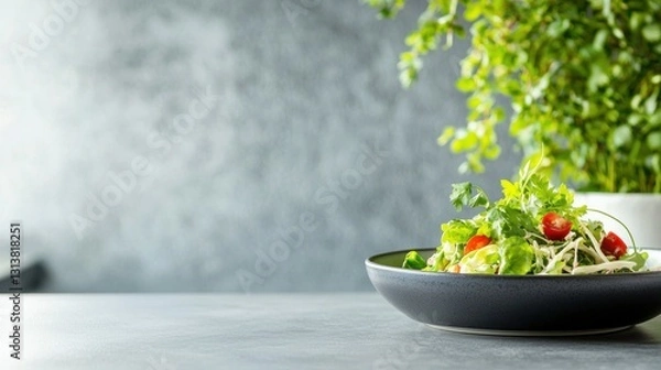 Fototapeta Delicious fresh salad in a dark bowl with leafy green herbs and sliced tomatoes on a gray modern background