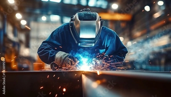 Fototapeta  Image of an industrial worker welding in a factory, with a light background, focused on the person and sparks flying around them.
