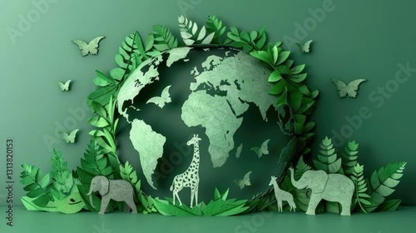 Fototapeta A creative representation of Earth surrounded by animals and foliage, emphasizing environmental awareness.