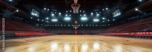 Fototapeta A photorealistic basketball arena with a court, high-level details, cinematic lighting, and a wide shot