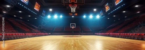 Obraz A photorealistic basketball arena with a court, high-level details, cinematic lighting, and a wide shot
