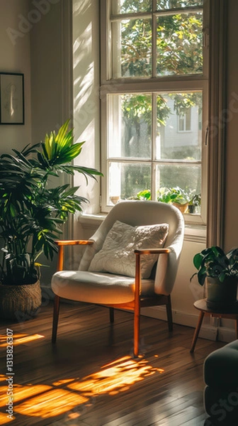Fototapeta Cozy Corner: Natural light streams through a window, illuminating an armchair, potted plants, and the room's interior. Evoking a sense of peace and tranquility.