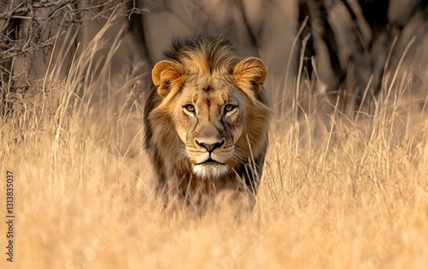 Obraz 13. A powerful Asiatic lion prowling through the dry grasslands