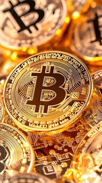 Obraz Close-up of gold cryptocurrency coins, showcasing intricate details and a digital circuit board beneath