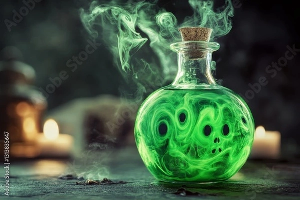 Fototapeta A green bottle of liquid with smoke coming out of it. The bottle is on a table with candles in the background