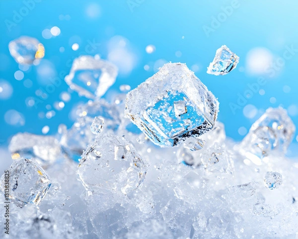 Fototapeta Crystal-clear ice cubes suspended mid-air, splashing onto a pile of crushed ice against a vibrant blue backdrop