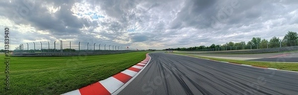Fototapeta Beautiful view of the Nürburgring race track in Germany, with grass and red-and-white striped curbs on one side and gray metal fence walls along it.