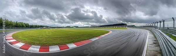 Fototapeta Beautiful view of the Nürburgring race track in Germany, with grass and red-and-white striped curbs on one side and gray metal fence walls along it.