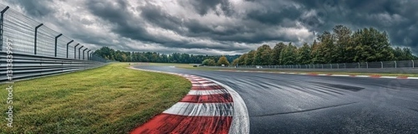 Fototapeta Beautiful view of the Nürburgring race track in Germany, with grass and red-and-white striped curbs on one side and gray metal fence walls along it.