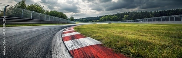 Fototapeta Beautiful view of the Nürburgring race track in Germany, with grass and red-and-white striped curbs on one side and gray metal fence walls along it.