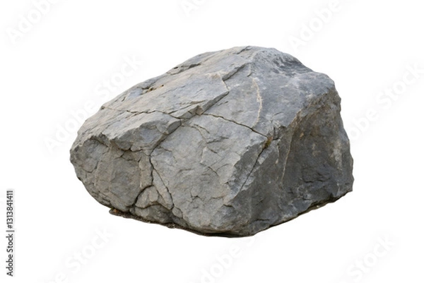 Fototapeta A gray rock with deep cracks running across its rough surface. The texture is uneven, suggesting erosion over time, giving it a strong, weathered character, isolated on a transparent background