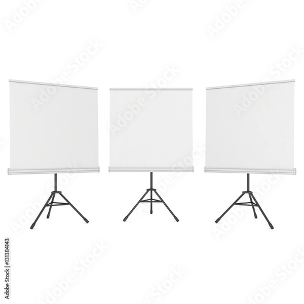 Obraz Blank Roll Up Expo Banner Stands Group on Tripod. Trade show booth white and blank. 3d render illustration isolated on white background. Template mockup for your expo design.