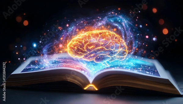 Fototapeta Glowing brain image floats above an open book, signifying knowledge and intellect