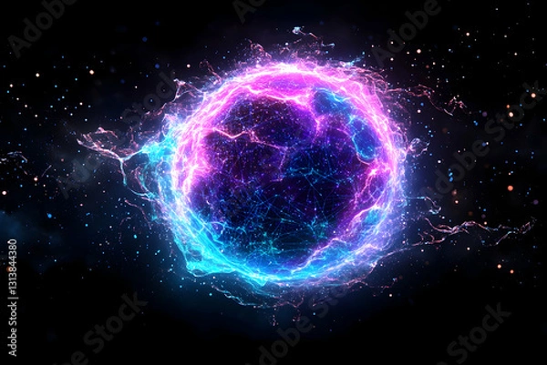 Fototapeta Glowing cosmic sphere with vibrant energy flows and a dark background