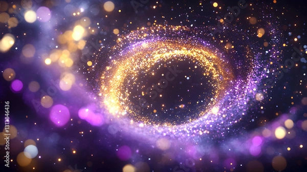 Fototapeta Glowing swirling particles form a vibrant ring against a dark, bokeh background