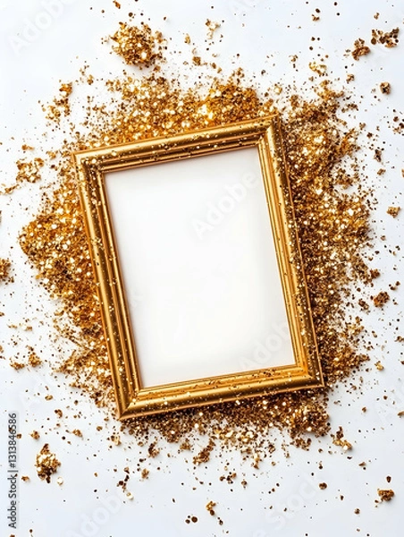 Fototapeta Gold frame nestled in glittering gold confetti on white background