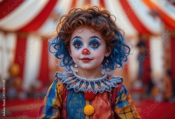Fototapeta Colorful clown child poses in vibrant circus setting
