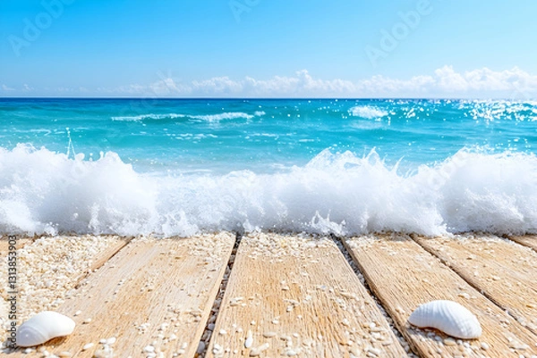 Fototapeta Ocean waves crashing on a wooden dock, with seashells scattered on the planks