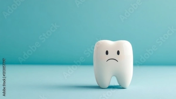 Obraz Sad tooth character standing on a blue background expressing feelings about dental health concerns