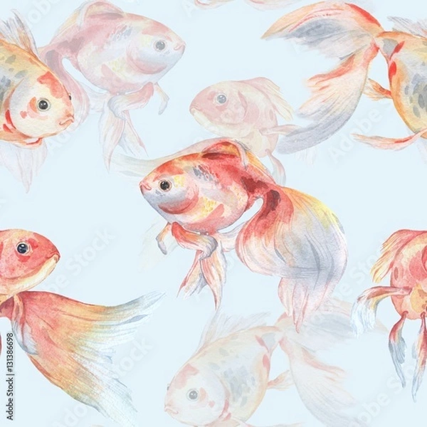 Obraz Seamless pattern with goldfish on a blue background. Watercolor painting. Handmade drawing.