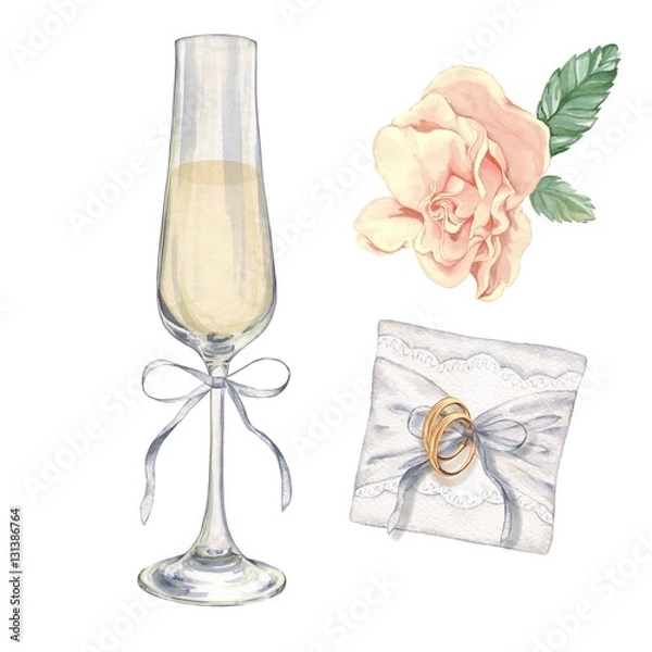 Obraz Set wedding accessories: champagne, roses and rings on the pillow. Watercolor illustration. Handmade drawing. For design Christmas cards, Invitations, postcards and posters.