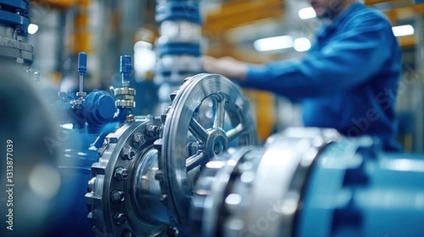 Obraz Close-up of a male industrial worker inspecting steel pipes and valves in a high-tech oil and gas refinery, blurred background with machinery