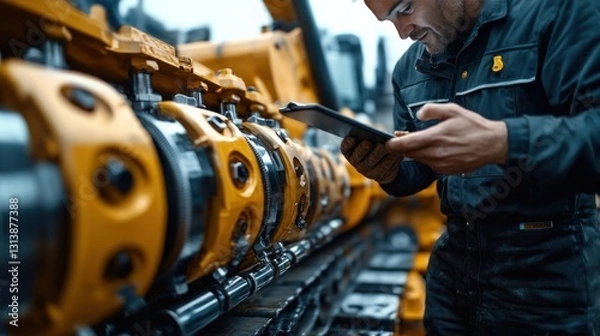 Obraz Close-up of a backhoe mechanic holding a tablet, inspecting hydraulic piston equipment in a construction yard with machinery in the blurred background