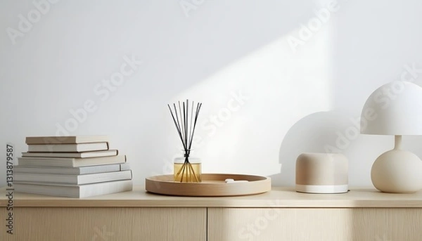 Obraz Minimalist Home Decor Featuring Books Lamp And Diffuser