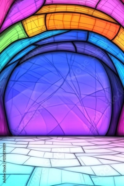 Fototapeta Colorful stained-glass archway leading to abstract blurred outdoor scene, viewed from tiled floor