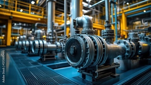 Obraz Detailed view of heavy-duty pumps and compressors surrounded by a labyrinth of steel pipes inside an energy plant