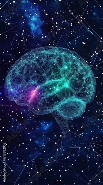 Fototapeta A brain is shown in a galaxy with stars and a blue background. The brain is surrounded by a lot of stars and the galaxy is very colorful