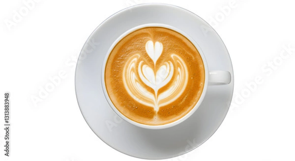 Fototapeta Top view latte art coffee with heart shape isolated on transparent background Generative Ai