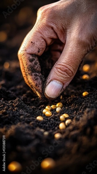 Fototapeta Close-up of hands sowing maize seeds into dark fertile soil, intricate textures, warm golden sunlight, cinematic depth, highly detailed, macro photography style