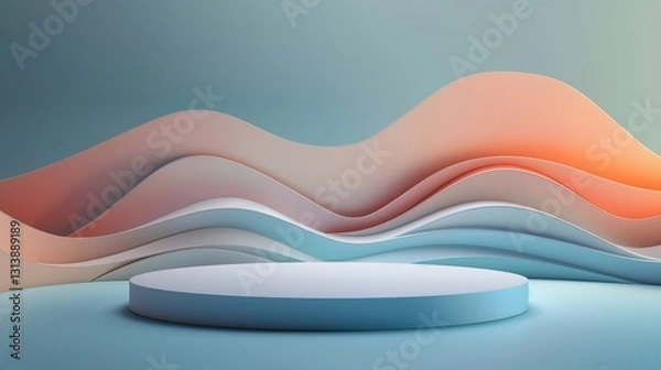 Fototapeta White round pedestal displaying products on abstract orange and blue teal background with soft lights creating a modern and elegant presentation empty background copy space
