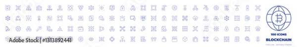 Fototapeta 100 Blockchain Icons Collection. Thin line icon. Editable stroke. bitcoin, blockchain, cloud, digital wallet, qr code, Blockchain, art, block, safe, cards, chart, eye