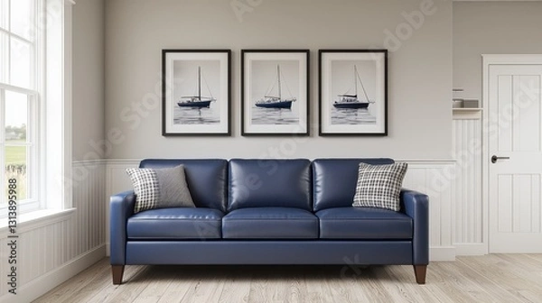 Fototapeta Modern Blue Sofa with Art Prints in Bright Living Room Space