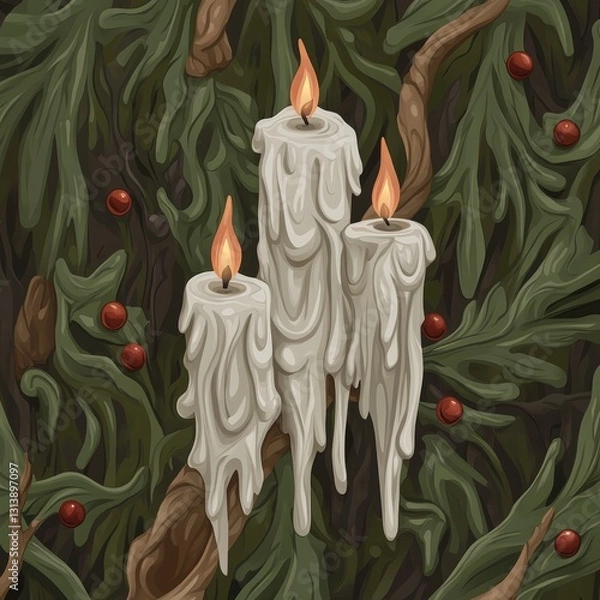 Fototapeta In a digital art illustration, three Christmas candles are beautifully framed by red berries and pine branches
