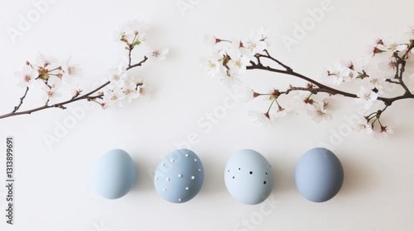 Fototapeta Whimsical Easter arrangement featuring soft hued eggs and cherry blossoms on a whitewashed wooden surface