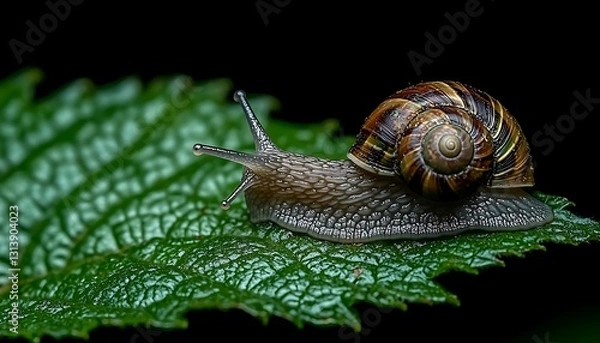 Fototapeta Snail Crawling on Leaf at Night