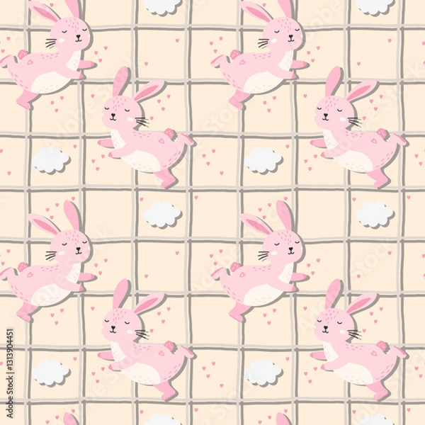Fototapeta Seamless vector illustration featuring a cute bunny, hare, and Easter theme with flowers and clouds, perfect for spring holiday decor and children s clothing